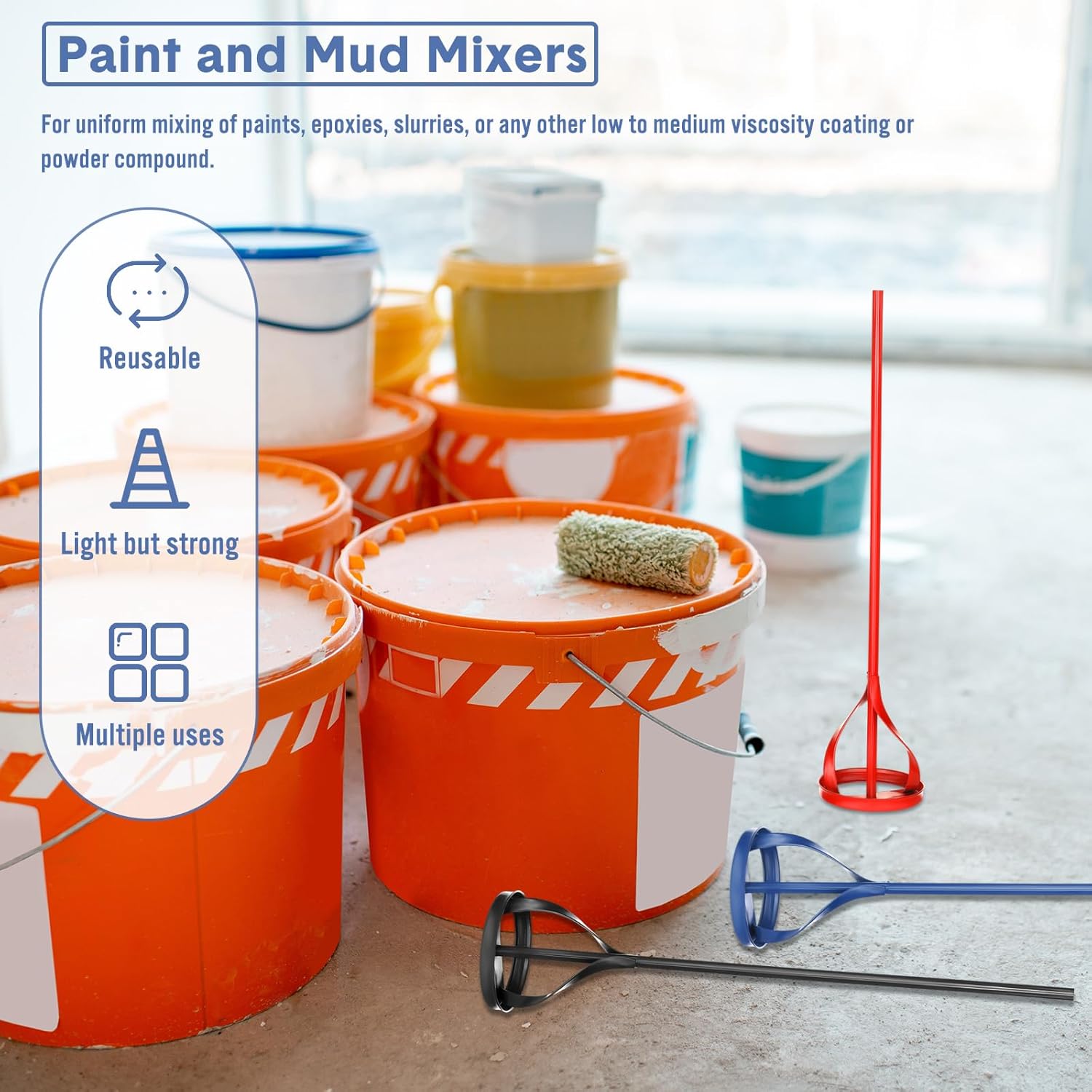 3 Pieces Paint Mixer for Drill Attachment 1 to 5 Gallon Buckets Fits Standard Drills Easy to Clean Mud Paint Mixer
