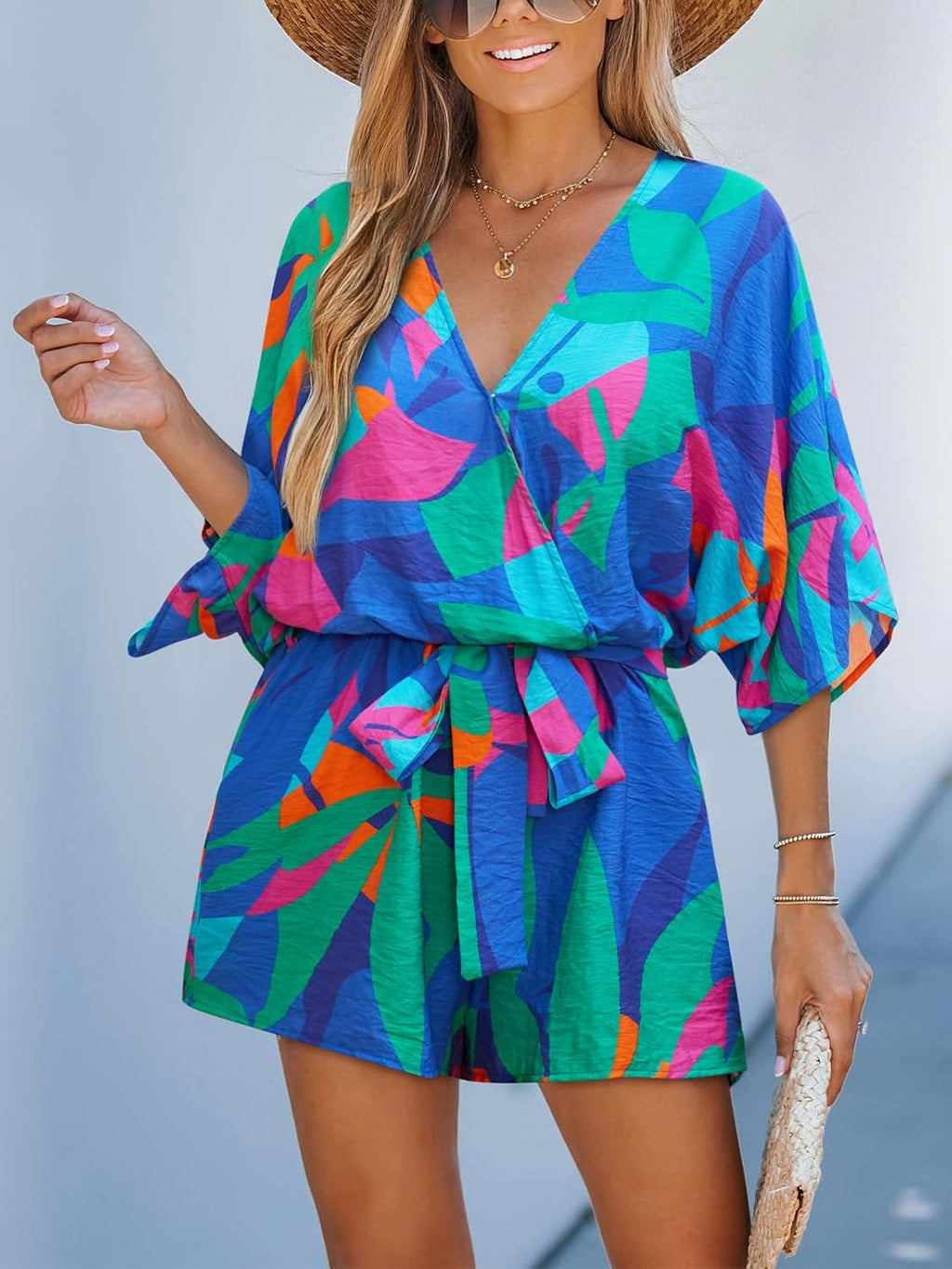 Women Summer Romper 2026 V Neck Tropical Mini Jumpsuit
