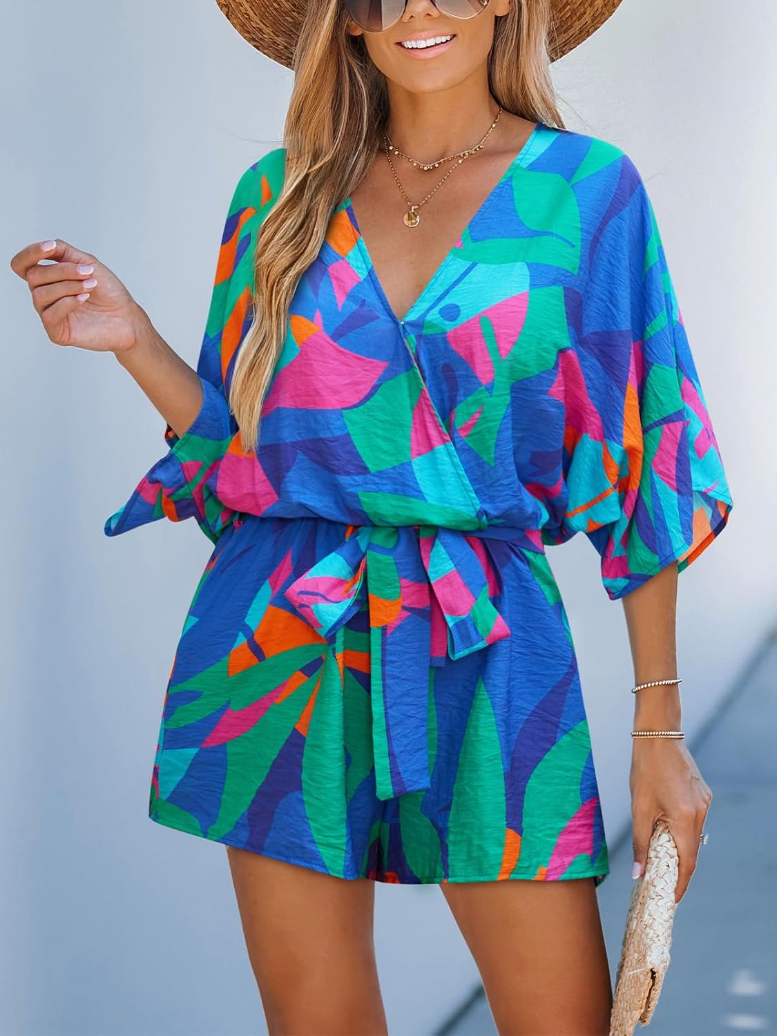 Women Summer Romper 2026 V Neck Tropical Mini Jumpsuit