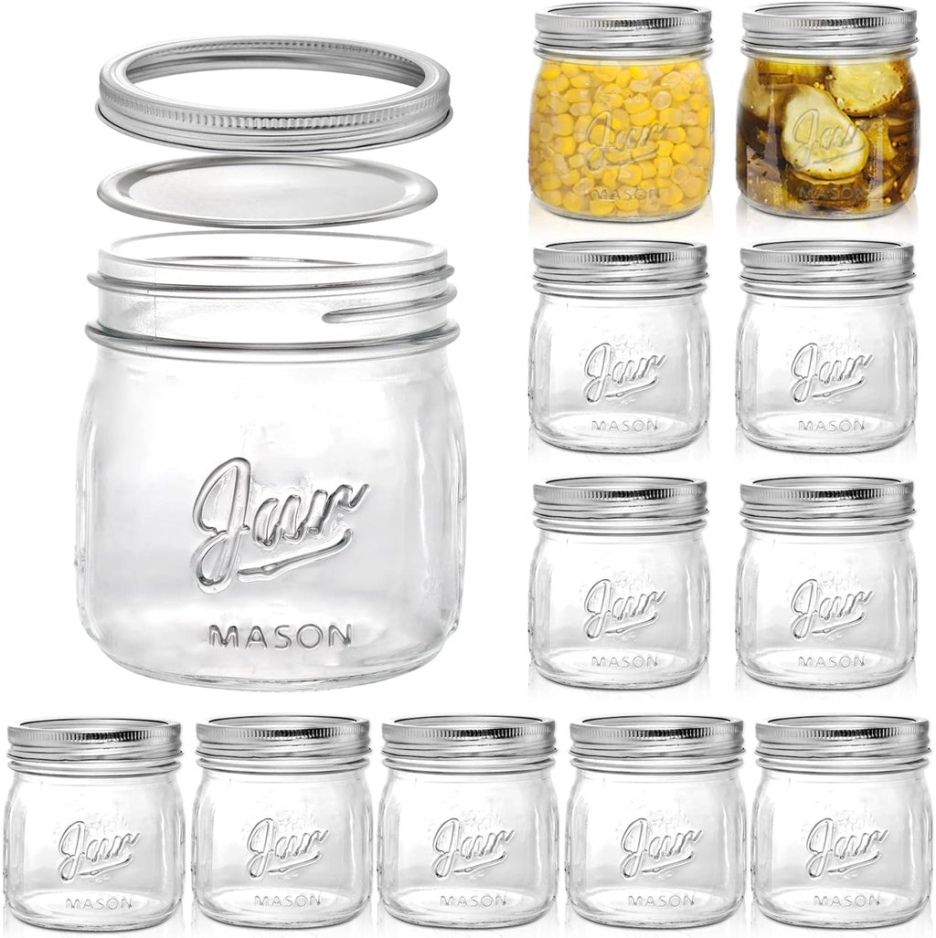 12 Pack Wide Mouth Mason Jars, 16 Oz Short Glass Canning Jar