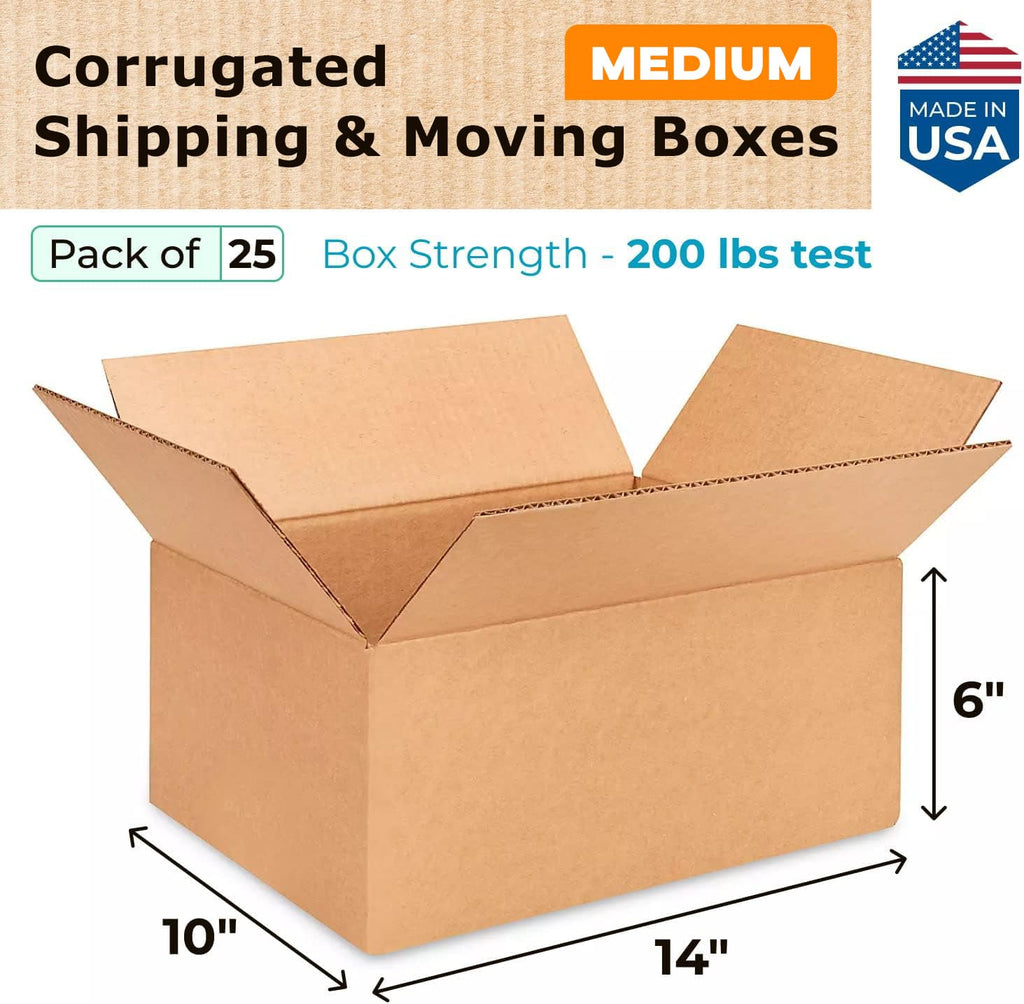 Medium Moving & Shipping Boxes 14"L x 10"W x 6"H (25-Pack) - Extra Strength 200 lb vs Regular - Corrugated Durable