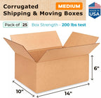 Medium Moving & Shipping Boxes 14"L x 10"W x 6"H (25-Pack) - Extra Strength 200 lb vs Regular - Corrugated Durable
