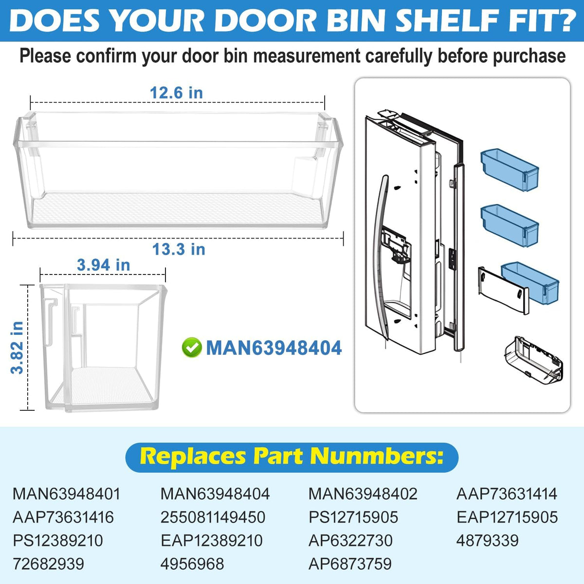 2PCS MAN63948404 Refrigerator Door Bin Shelf for LG Door Shelf Replacement