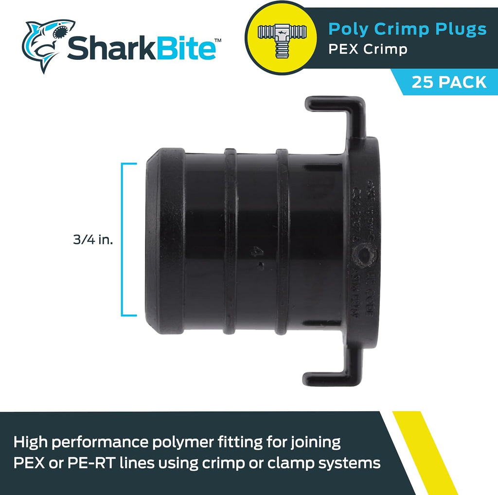 SharkBite 3/4 Inch Poly Crimp Plug, Pack of 25, PEX Pipe, PE-RT, UP518