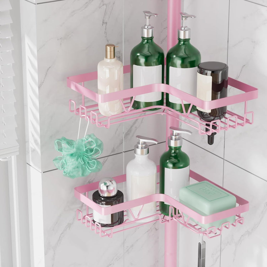 Corner Shower Caddy Tension Pole - Corner Shower Organizer Pink Cute | Bathroom Shower Shelf for Shampoo, 25–114 Inch