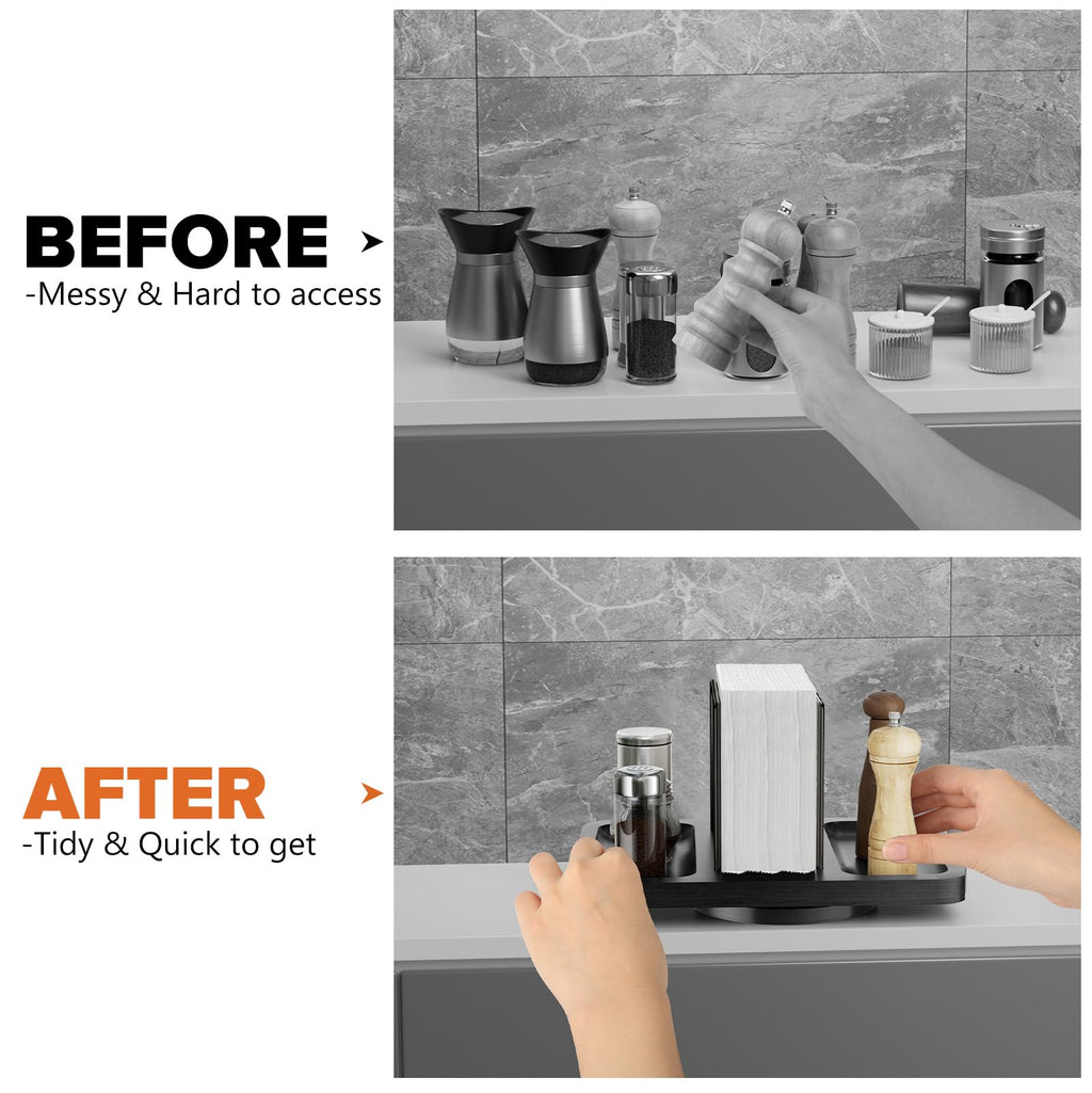 Rotating Napkin Holder for Table with Salt Pepper Shakers Caddy, Black