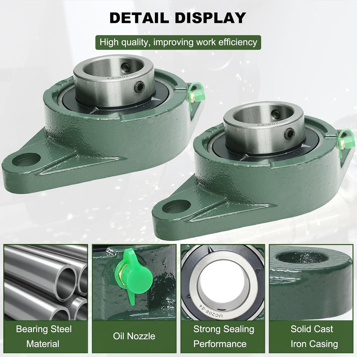 2 Pack UCFL208-24 Pillow Block Bearing – Flange 2 Bolt Mounted Pillow Block Bearings – Bearing Steel Bearings with 1-1/2" Bore - Self-aligning Bearings with Solid Cast Iron Base