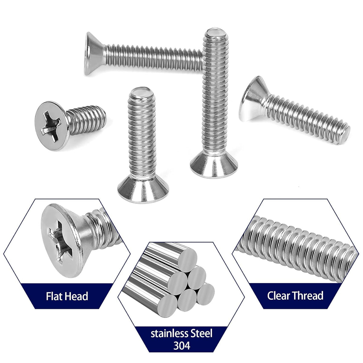 #6-32 x 1 Countersunk Flat Head Machine Screws, Full Thread, 304 Stainless Steel, 100 PCS
