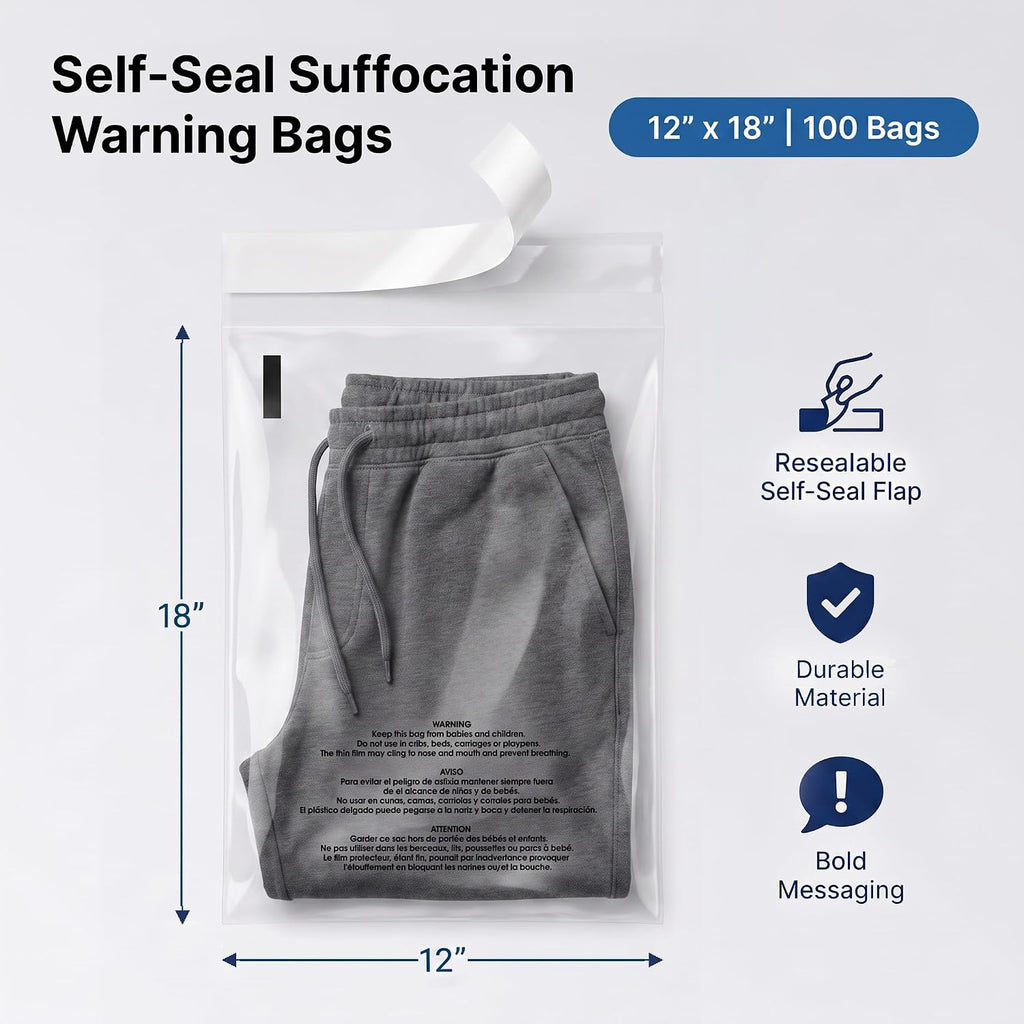 12” X 18” (100 Count) Self Seal Clear Poly Bags with Suffocation Warning