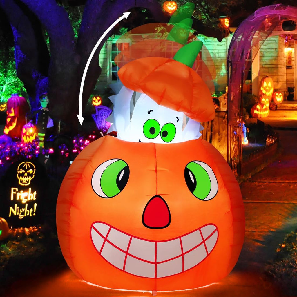 5 FT Halloween Inflatables Animated Pumpkin Ghost Outdoor Decorations Blow Up Yard with Built-in LEDs for Indoor