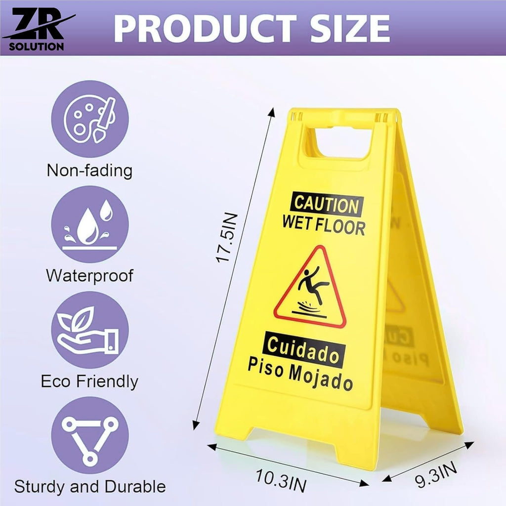 24 Inches Caution Wet Floor Sign Bright Yellow Double Sided Bilingual Caution Message Folding A-Shaped Frame Design