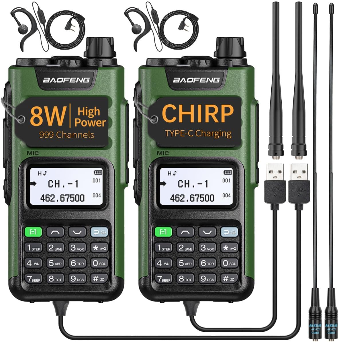 GMRS Radio Handheld Long Range GM-15 Pro 8W Walkie Talkie with Earpiece NOAA Weather Receiver Rechargeable GMRS