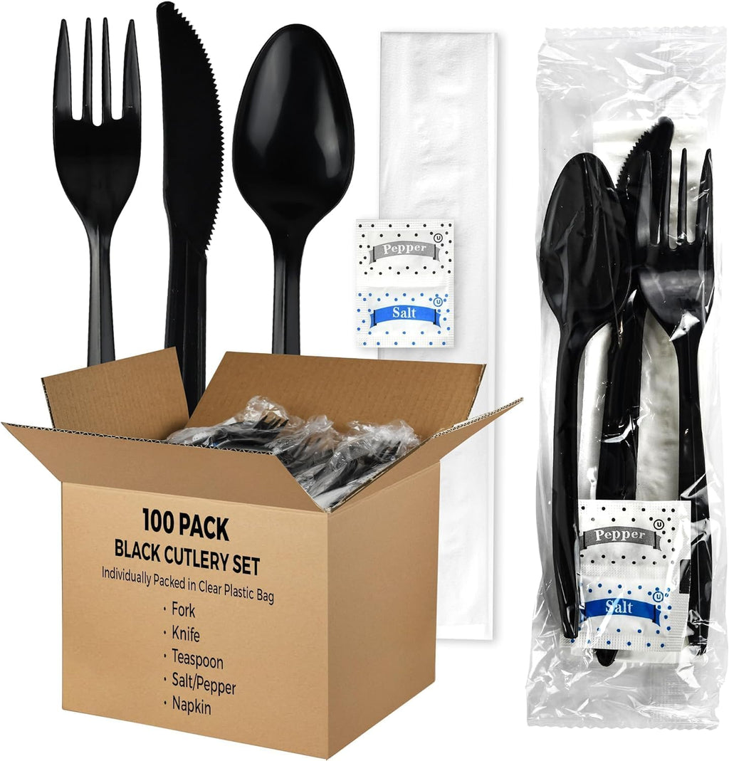Pack Individually Wrapped Plastic Cutlery Set with Napkin, Salt and Pepper Packets Medium Weight Disposable