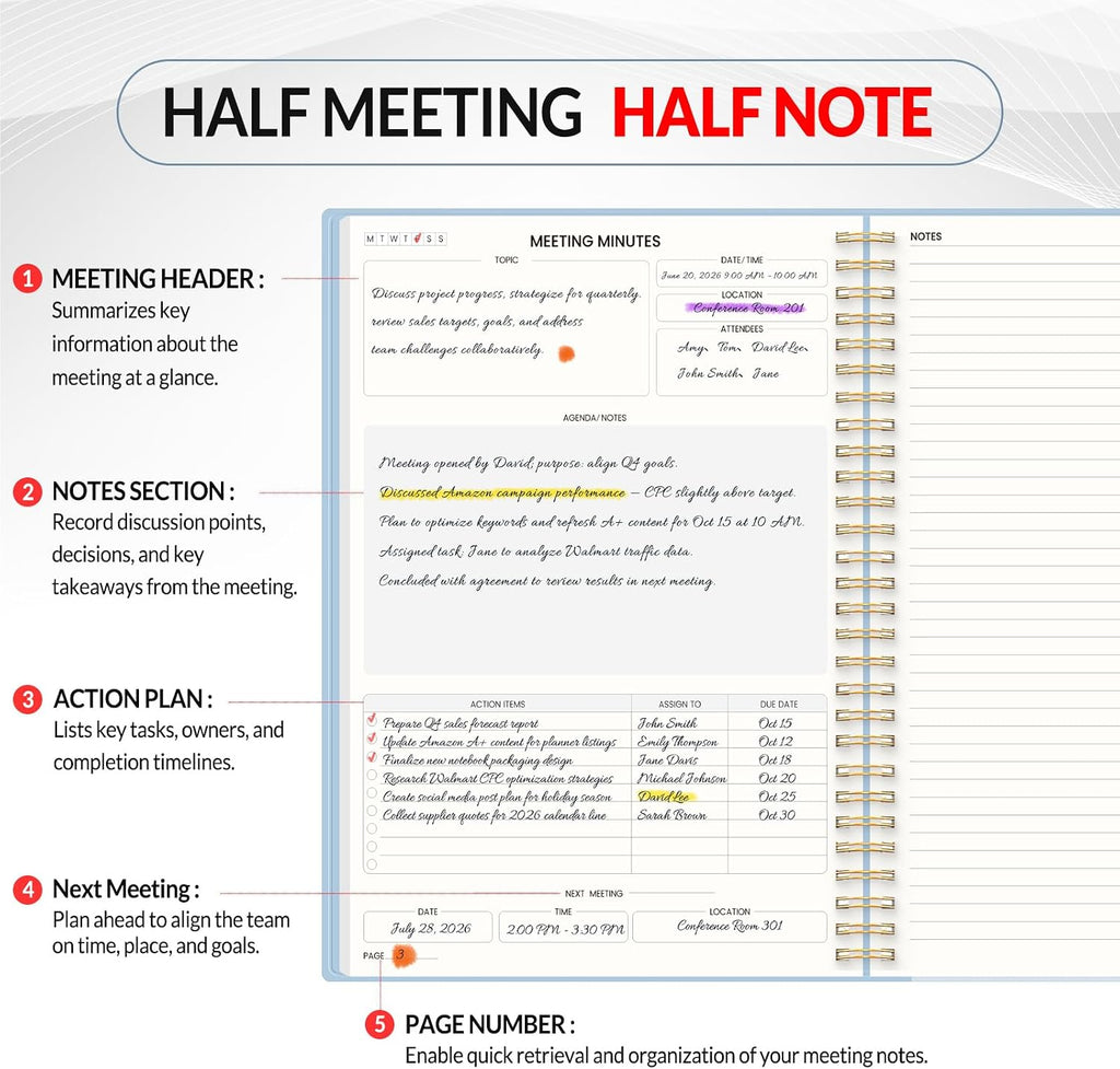 Half Meeting Half Note 7"x10" Notebook for Work – 140 Pages, B5 Size Project Planner for Women&Men, Minutes Organizer