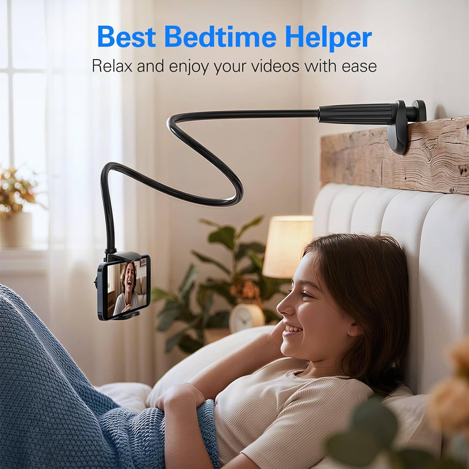 Gooseneck Phone Holder for Bed, Flexible Overhead Cell Phone Mount for Desk, Hands-Free Viewing Clamp Stand