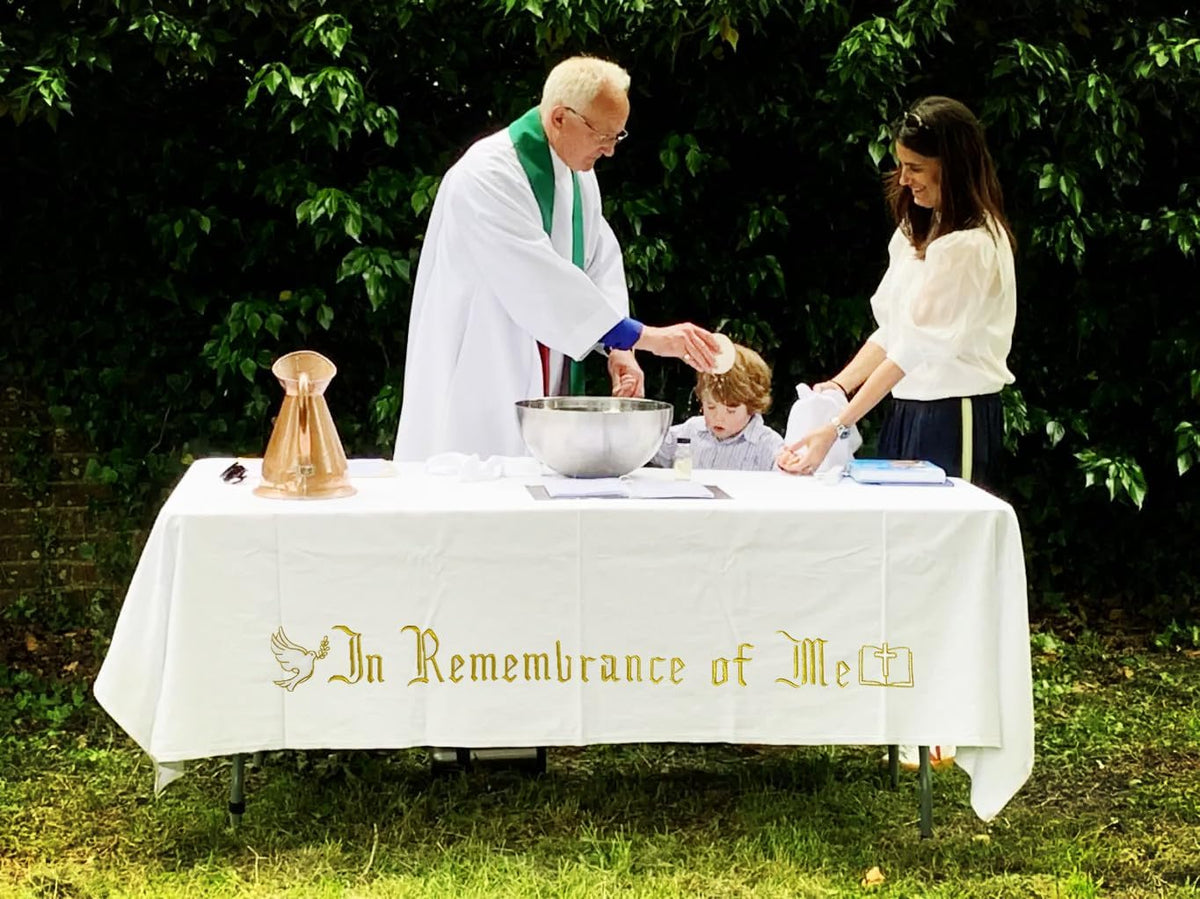Large In Remembrance of Me Gold Thread Embroidery Altar Frontal Holy Communion Table Cloth Cover 96x52Inch White