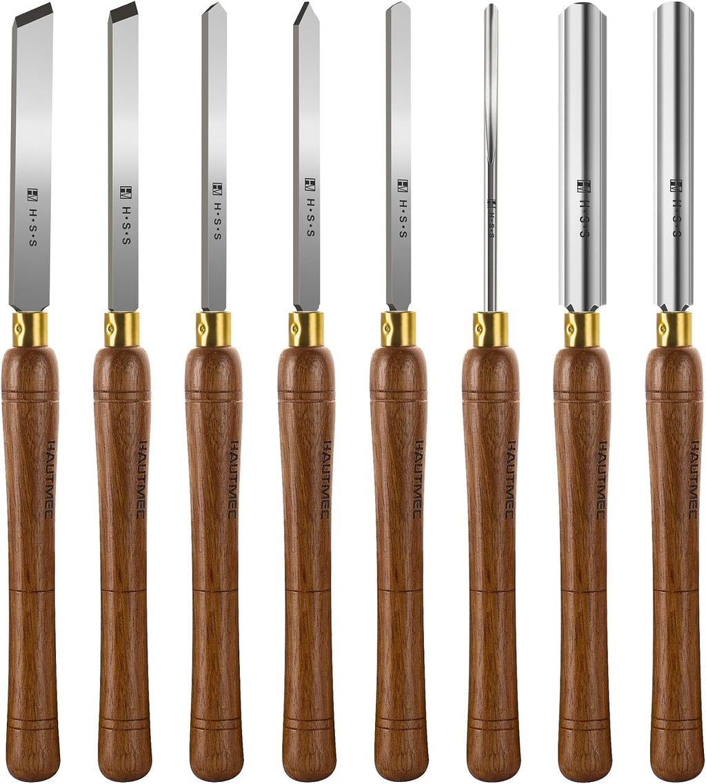 Expert Wood Lathe Chisel Set 8 PCS, M2 HSS Wood Turning Tools with Teak Handles & Portable Storage Bag, Roughing