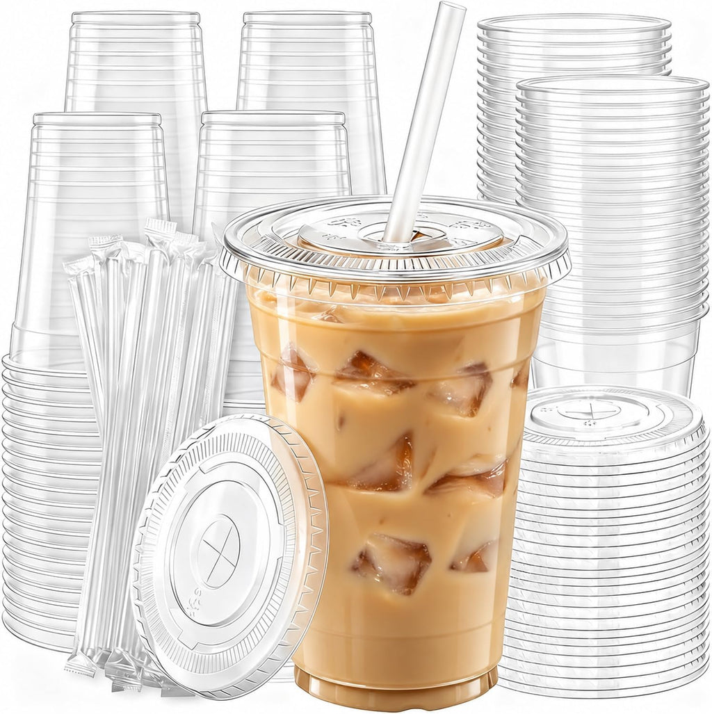𝟏𝟎𝟎 𝐏𝐚𝐜𝐤 16 oz Disposable Clear Plastic Cups with Lids and Straws
