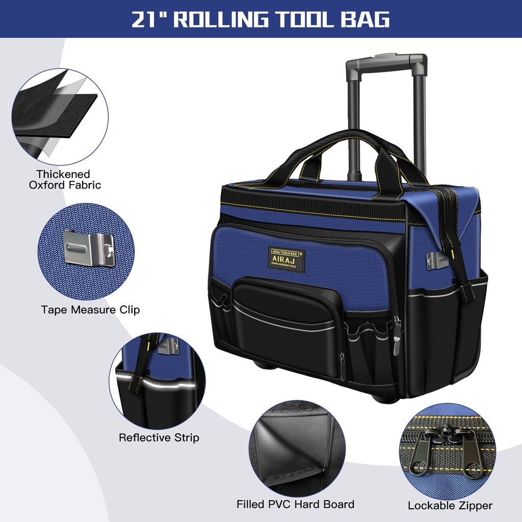 21" Rolling Tool Bag with Wheels & 18" Tool Backpack Set | Adjustable Telescoping Handle | Waterproof Tool Bag | Tool
