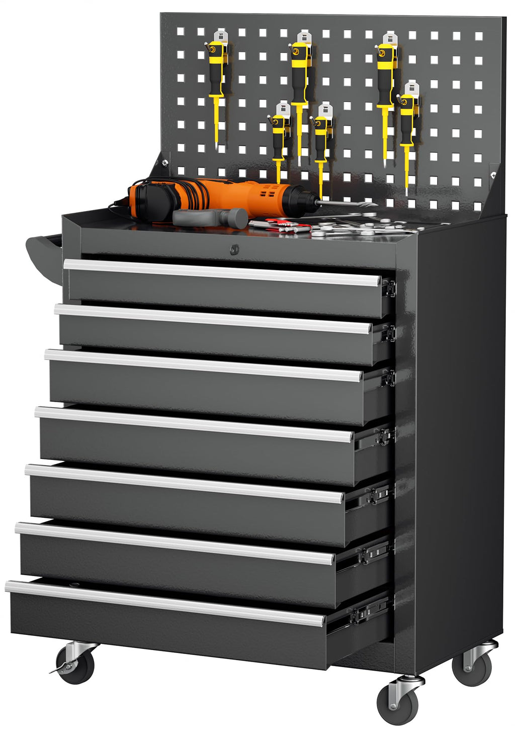 7 Drawers Rolling Tool Chest with Pegboard, Metal Tool Chest with Drawers, Tool Storage Cabinet with Wheels for