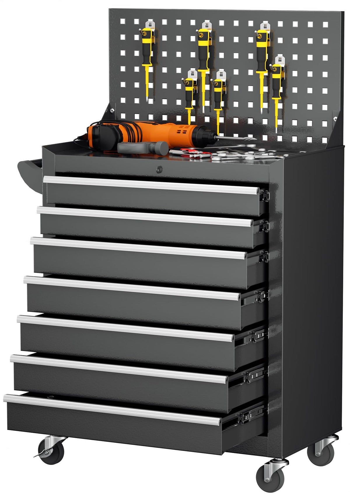 7 Drawers Rolling Tool Chest with Pegboard, Metal Tool Chest with Drawers, Tool Storage Cabinet with Wheels for