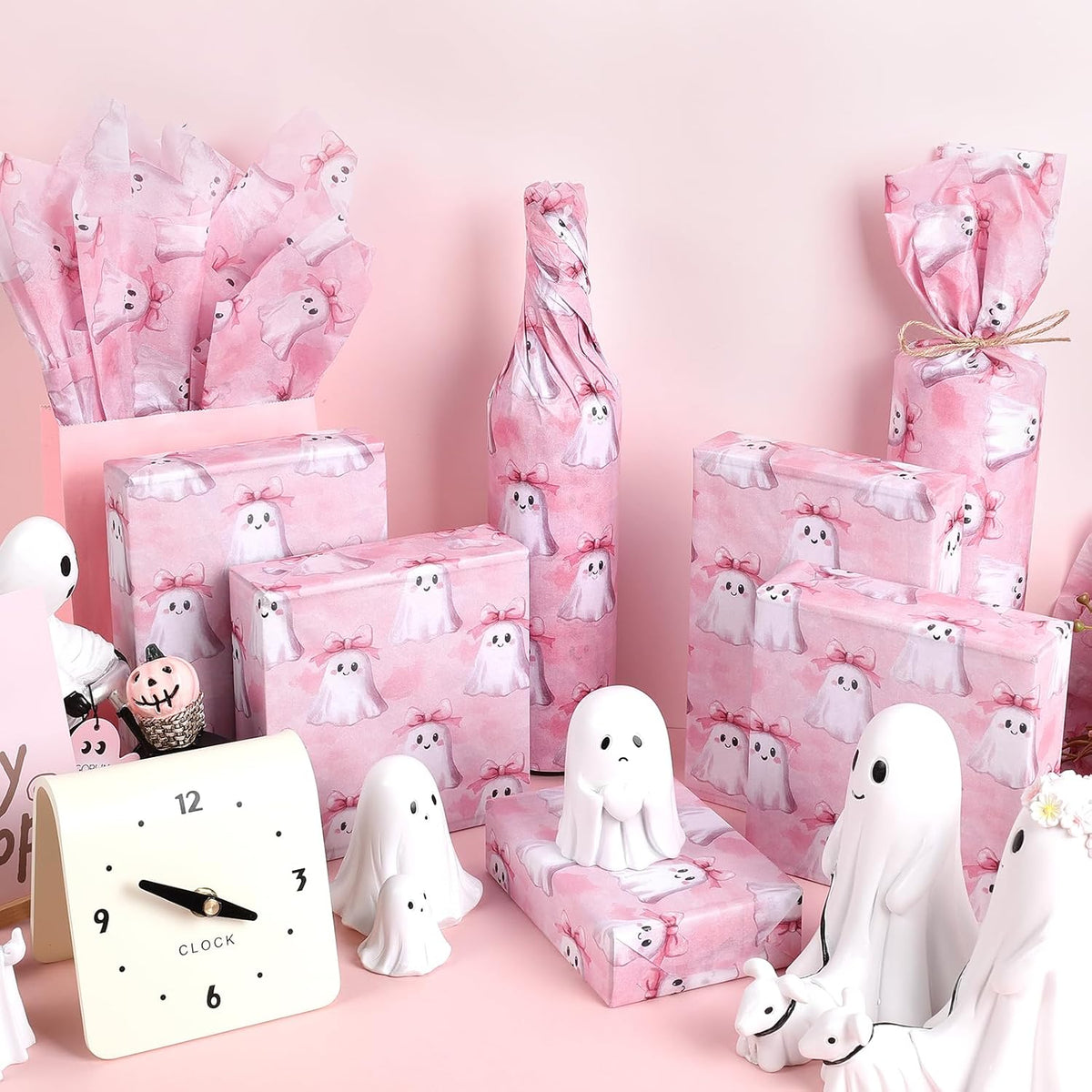 100 Sheets Boho Ghost Tissue Paper, 20x14'' Halloween Ghosts Wrapping Paper