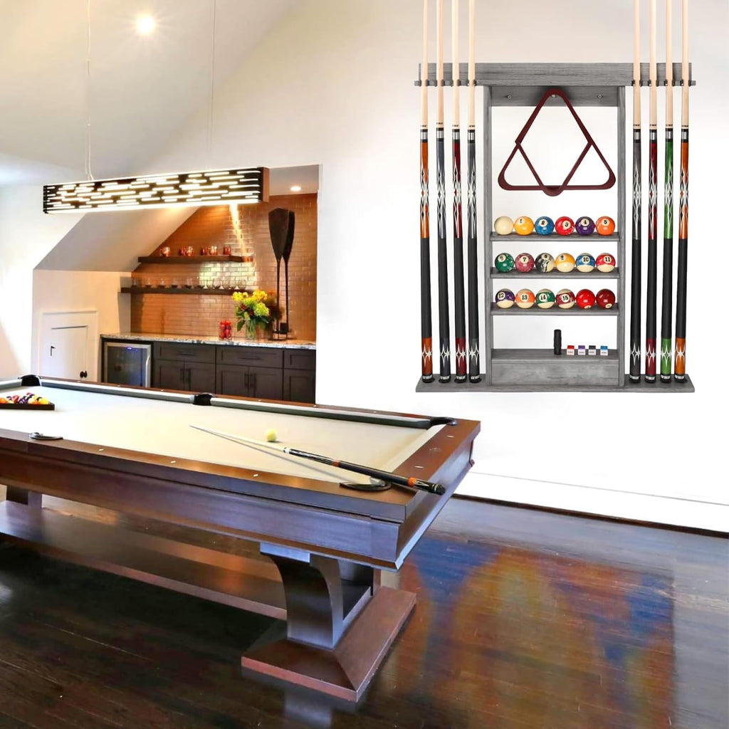 Pool Stick Holder Wall Mounted Pool Cue RackSolid Wood Billiard Stick Holder with Accessory Shelf, Heavy Duty Game