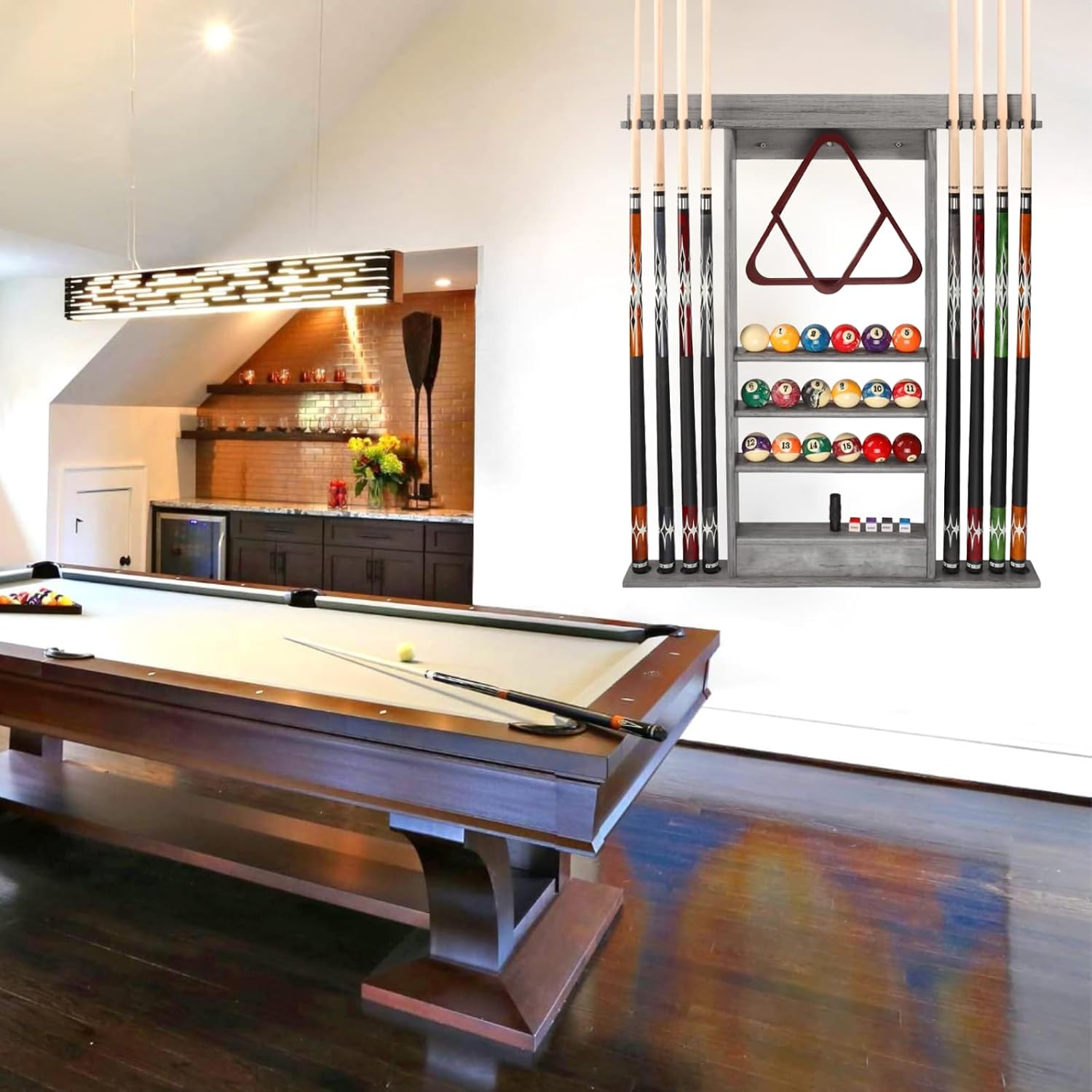 Pool Stick Holder Wall Mounted Pool Cue RackSolid Wood Billiard Stick Holder with Accessory Shelf, Heavy Duty Game