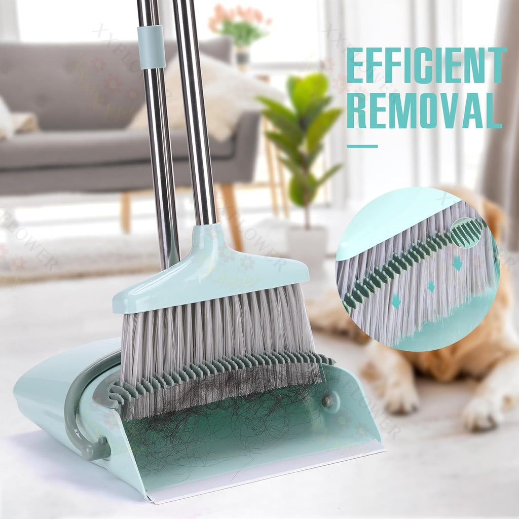 Broom and Dustpan Set with Cleaning Teeth, 55" Long Handle Indoor Sweeping Combo for Home Office Kitchen, Bluish Green