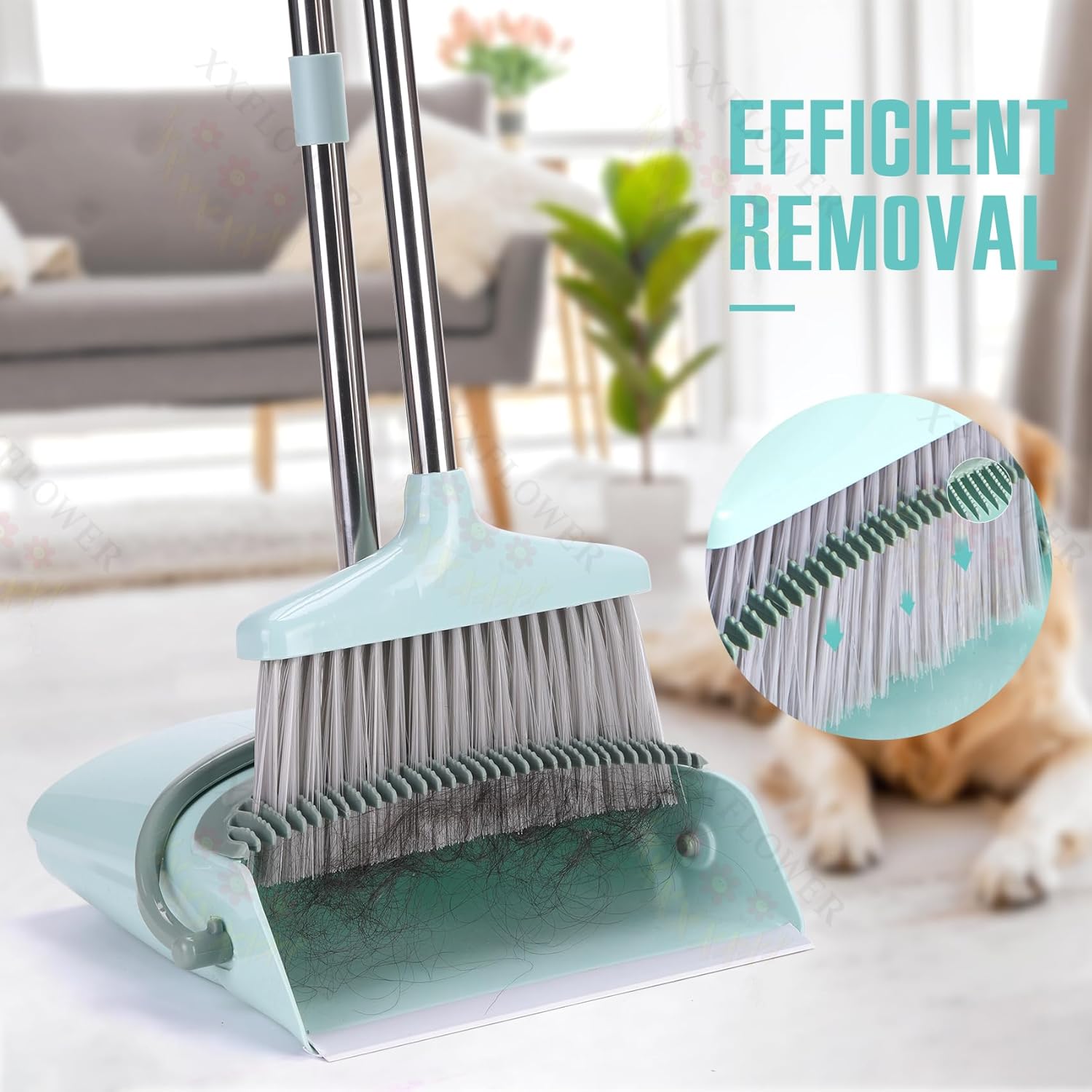 Broom and Dustpan Set with Cleaning Teeth, 55" Long Handle Indoor Sweeping Combo for Home Office Kitchen, Bluish Green