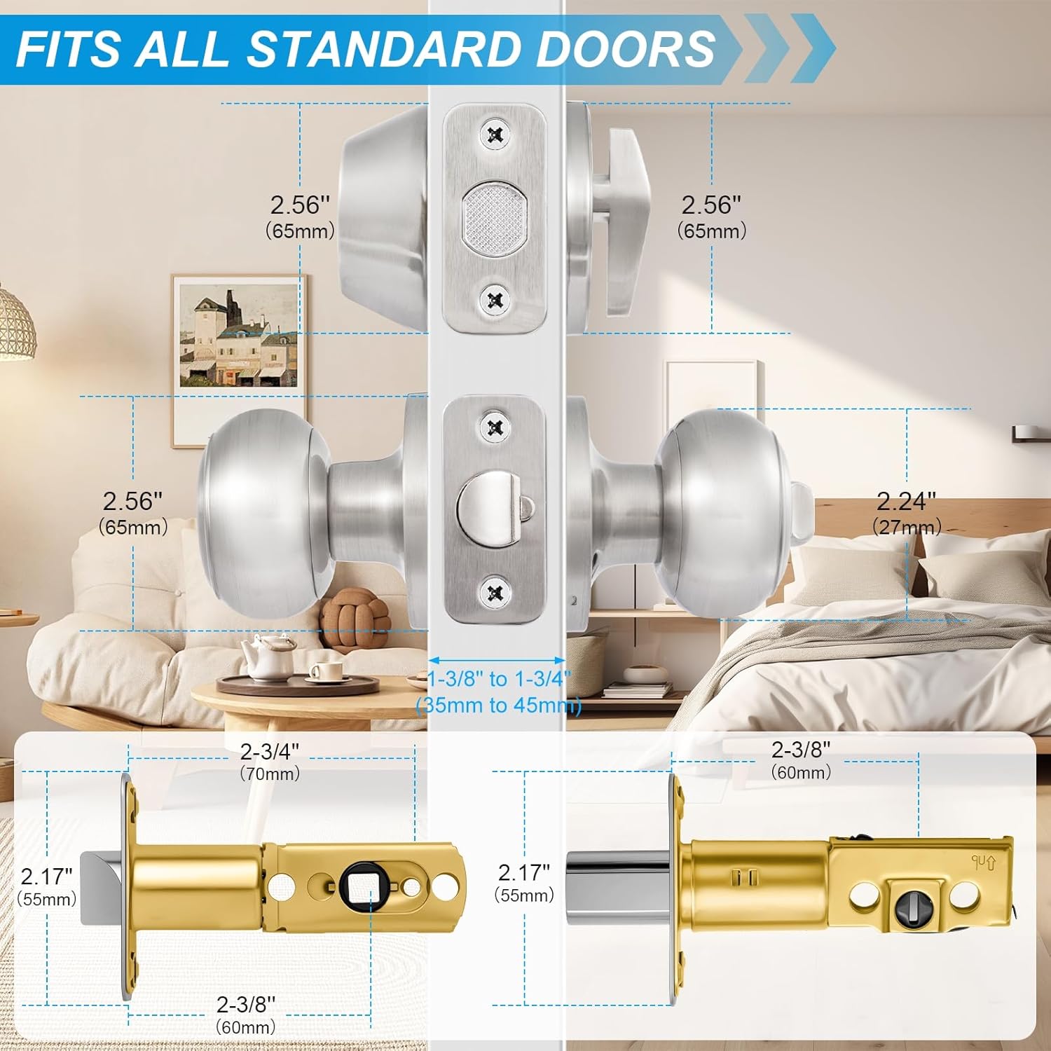 2 Pack Entry Door Lock and Single Cylinder Deadbolt Combo Set, Keyed Alike Satin Nickel Exterior Door Knobs with
