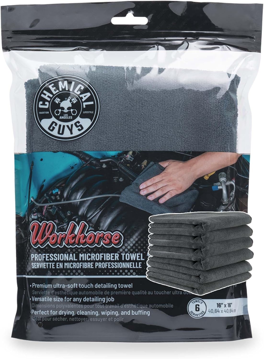 MIC35306 Workhorse Professional Grade Microfiber Towel, Black (16 in. x 16 in.) (Pack of 6)