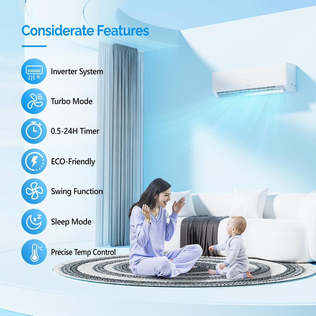 9000 BTU Mini Split AC/Heating System with Inverter, 20 SEER2 Energy Saving 115V Ductless Split-System Air