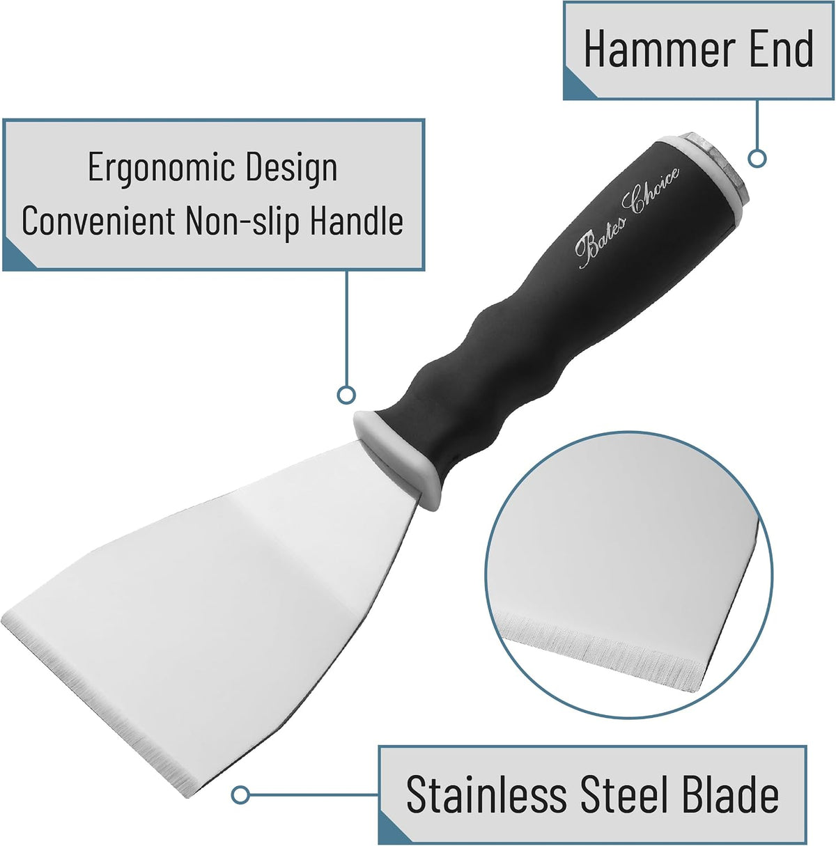 Bates- Bent Scraper, 3", Stainless Steel, Soft Grip & Heavy Duty, Hammer End, Drywall Spackle Knife, Metal Paint