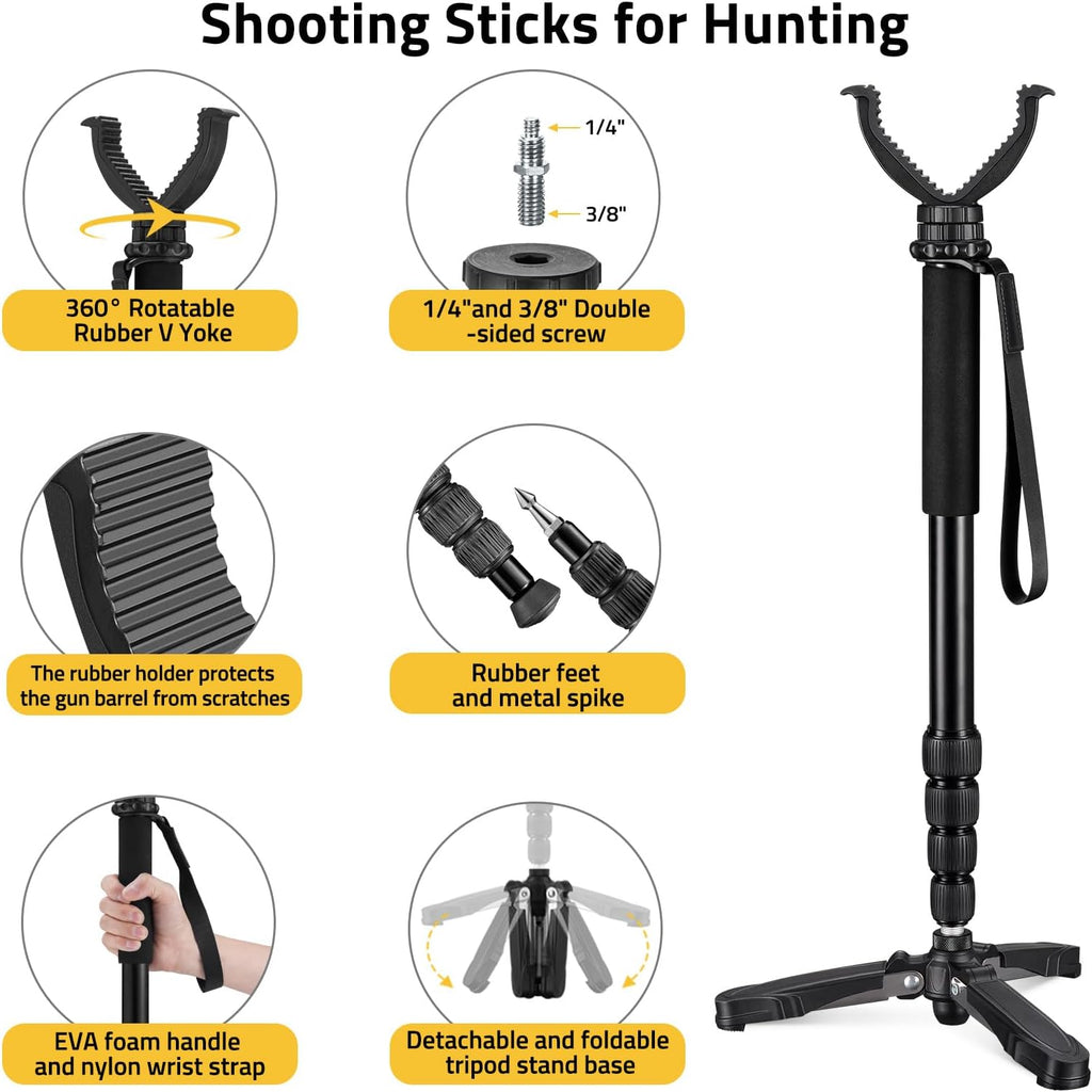 Hunting Monopod Shooting Stick Tripod Gun Rifle Crossbow Rest | Tiltable and Horizontally Rotatable Tri-Stand Tripod