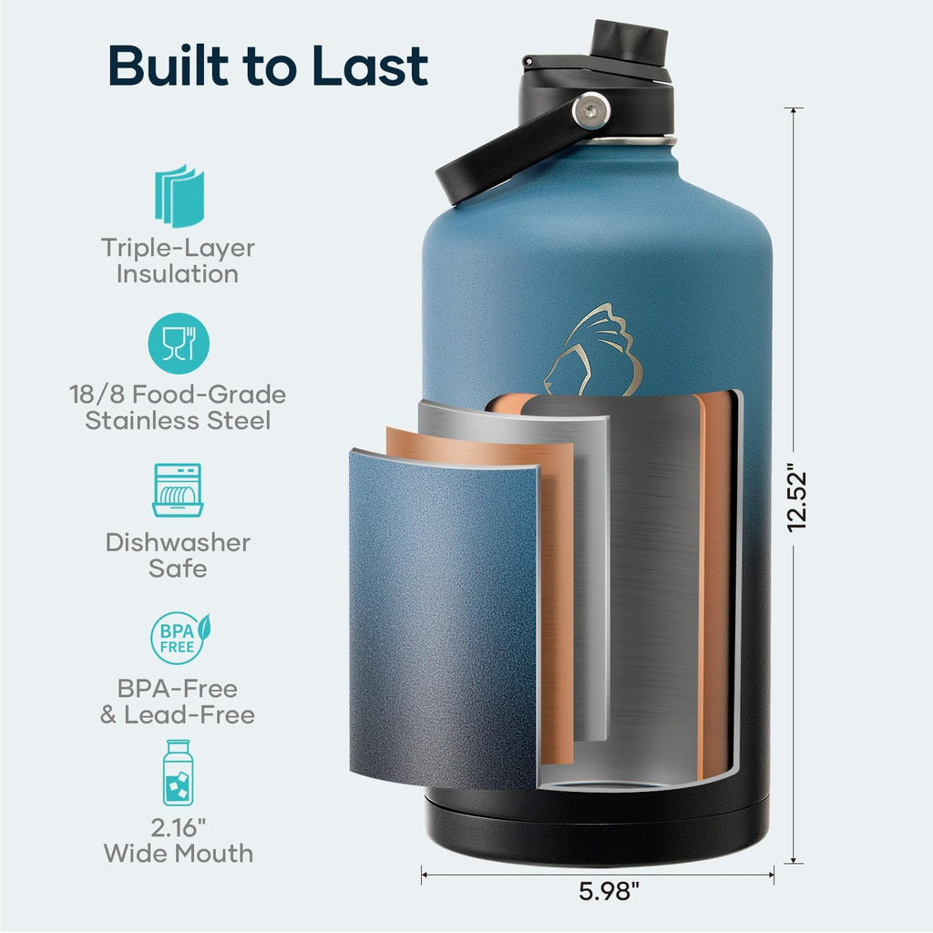 1 Gallon Water Bottle Insulated with Dust-Proof Straw & Spout Lids | 128 oz Large Water Jug 18/8 Stainless Steel