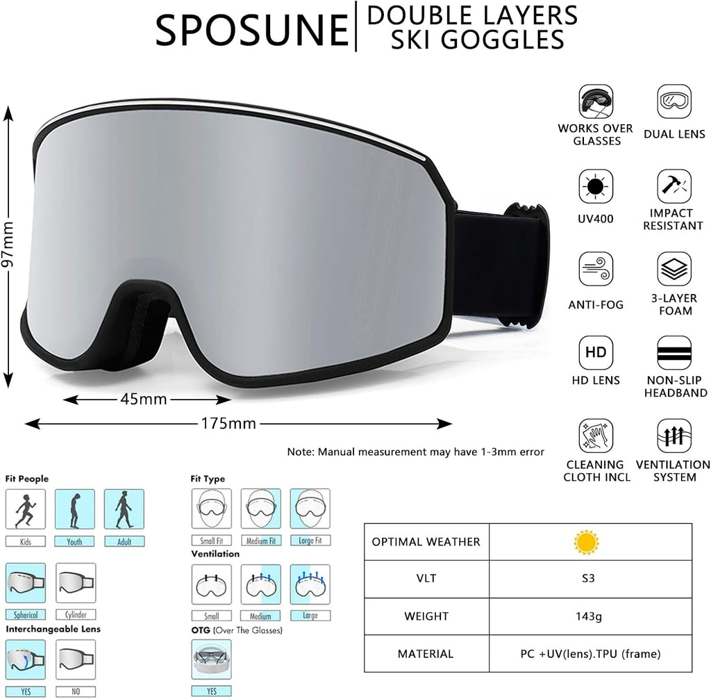 Ski Goggles Over Glasses with Dual lens | Anti-fog Anti-UV Snow Goggles for Men Women Youth Skiing Snowmobile