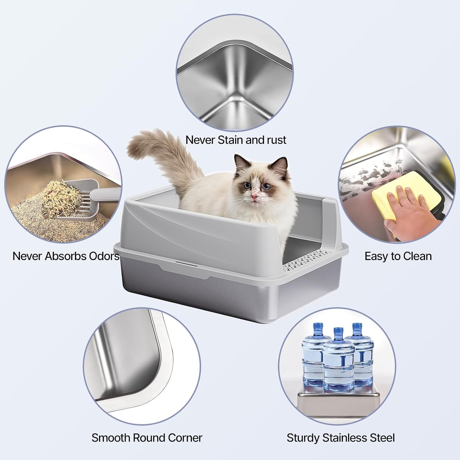 Stainless Steel Cat Litter Box with Lid, Extra Large Litter Box for Big Cats with High Sided, Non-Sticky, Anti-Urine