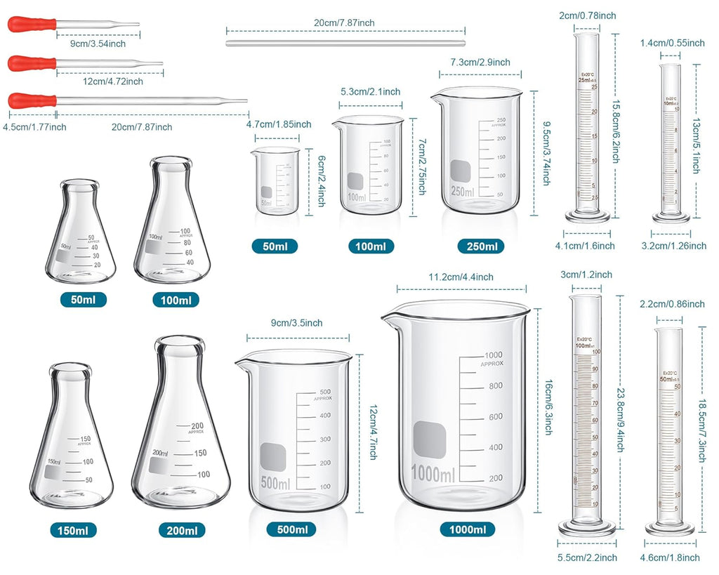 20 Pcs 50/100/250/500/1000ml Lab Glassware Beaker Set Include Graduated Cylinder, Glass Beaker Set, Glass Dropper
