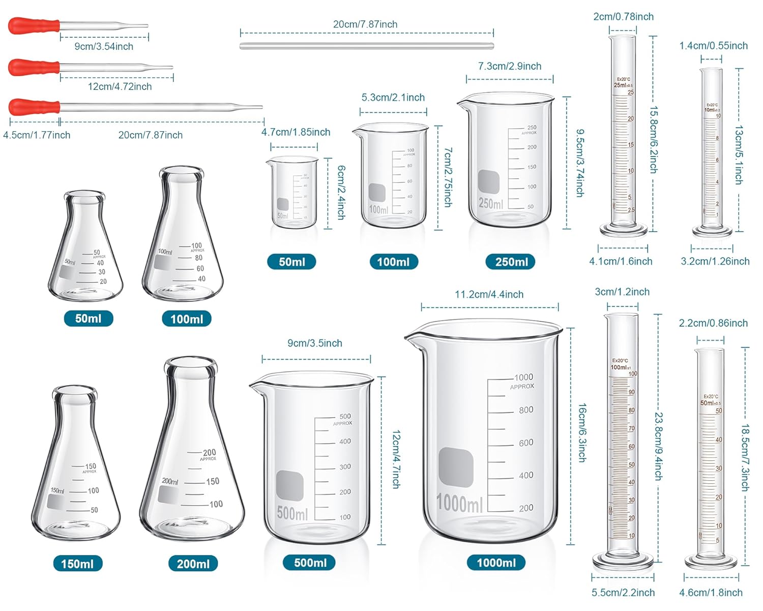 20 Pcs 50/100/250/500/1000ml Lab Glassware Beaker Set Include Graduated Cylinder, Glass Beaker Set, Glass Dropper