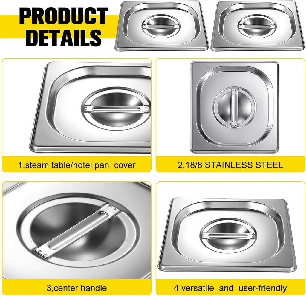8 Pcs 1/6 Sixth Size Stainless Steel Hotel Steam Table Pan Lids