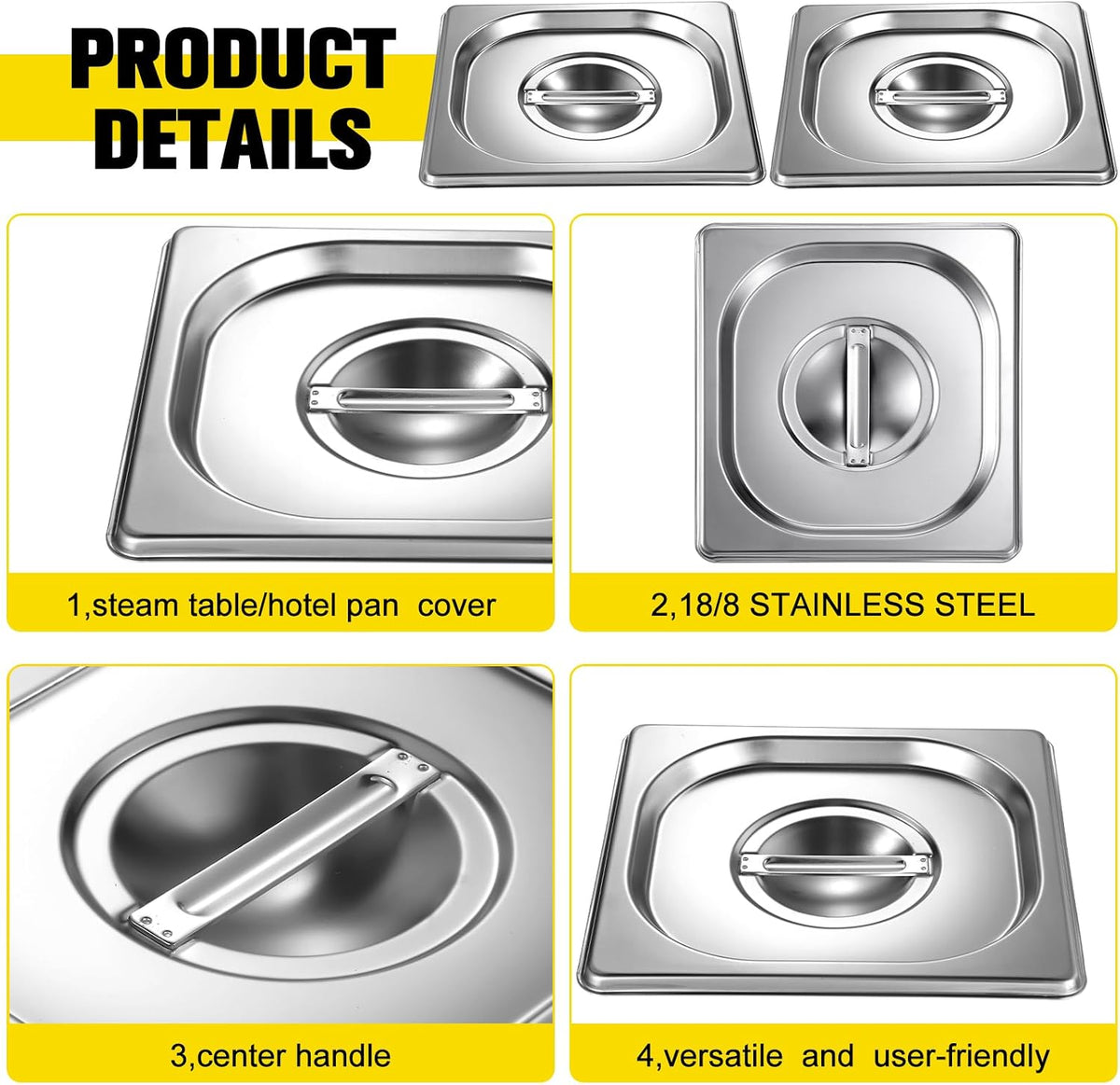 8 Pcs 1/6 Sixth Size Stainless Steel Hotel Steam Table Pan Lids