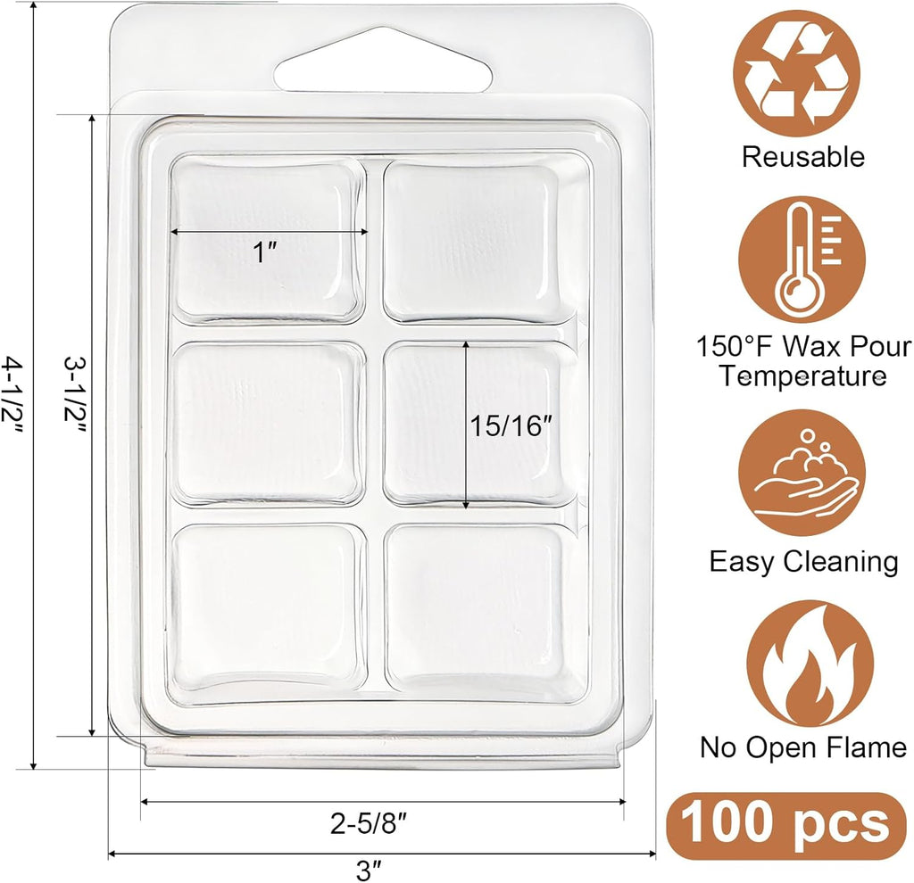 100 Pack Plastic Wax Melt Clamshell Mold, 6 Cavity Square Clear Wax Melt Molds Containers for DIY Wax Melt Candle