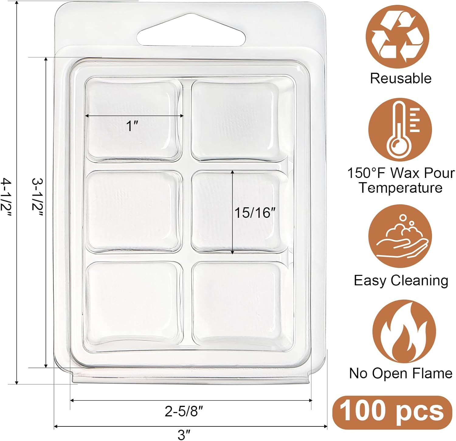 100 Pack Plastic Wax Melt Clamshell Mold, 6 Cavity Square Clear Wax Melt Molds Containers for DIY Wax Melt Candle