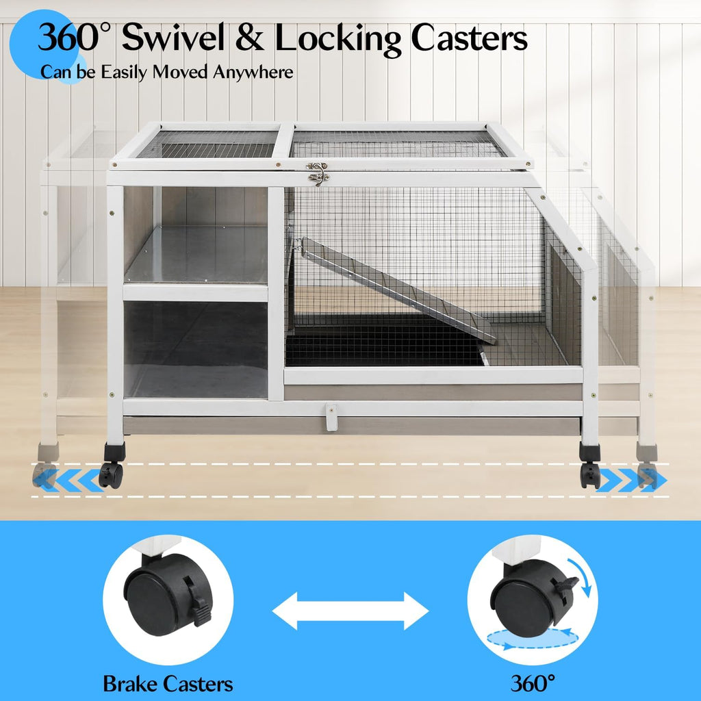 36" L Rabbit Hutch with Run, 2-Story Bunny Cage with Divider Panel | Pull-Out Tray, Wooden Small Animal Habitat with