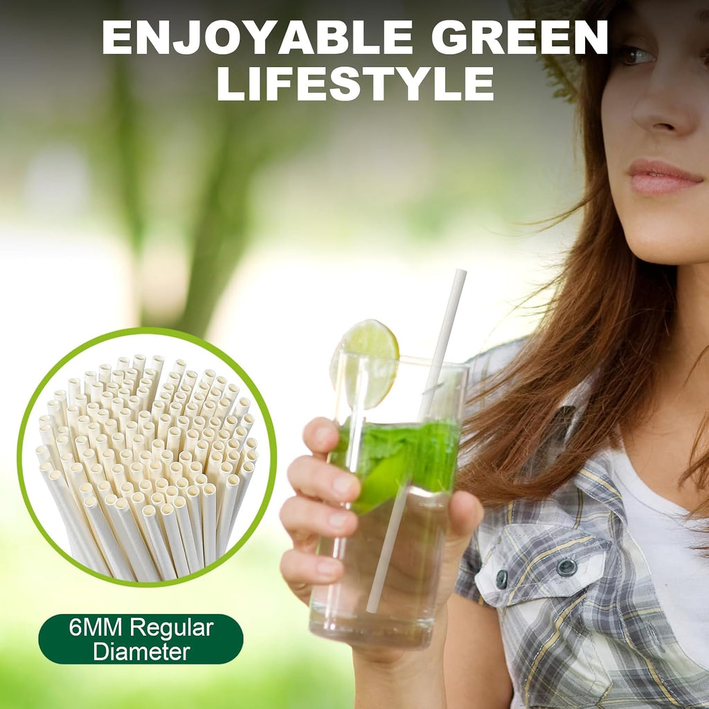 7.75 Inch Disposable Paper Drinking Straws Bulk Individually Wrapped, 0.24" Dia. (Plain White, 400 ct.)