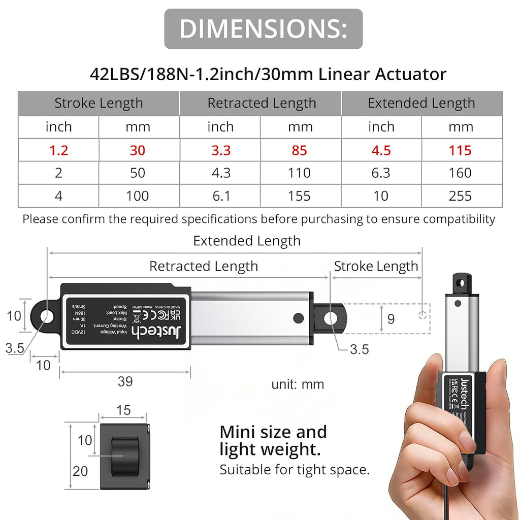 Justech 1.2" 30mm 42lbs 188N 12V Mini Linear Actuator IP54 Waterproof 5mm/s