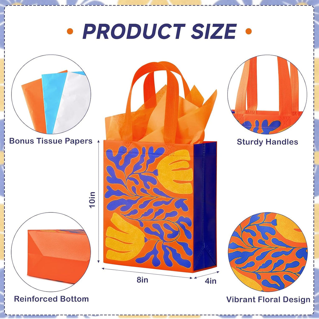 12 Pack 10" Floral Non-Woven Gift Bags with Tissue Paper