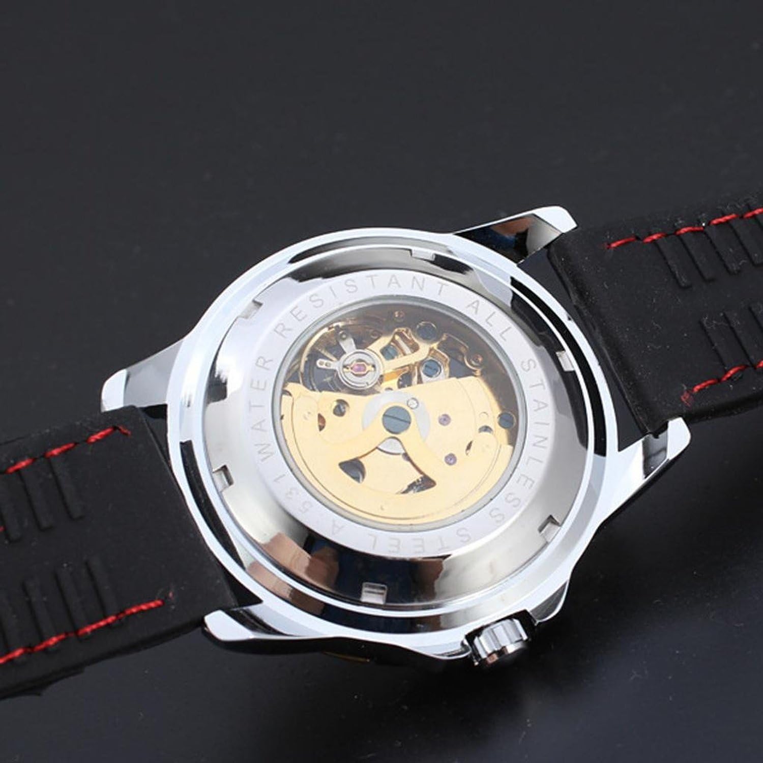 Black Silicone Golden Skeleton Automatic Mechanical Mens Sport Watch
