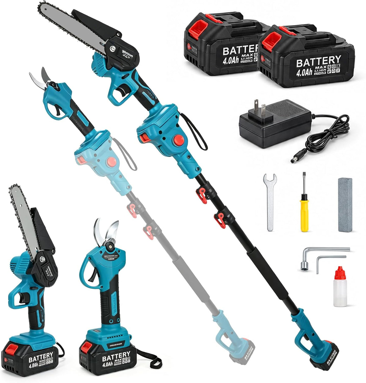 Full-size 6-Inch 4-in-1 Cordless Pole Saw & Mini Chainsaw, 21V Brushless Electric Tree Trimmer with 15FT Reach